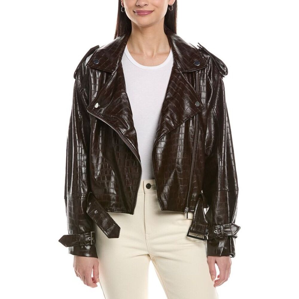 Weworewhat Womens  Cropped Moto Jacket, Brown